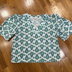 LOFT Teal and White Paisley Blouse XS